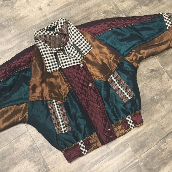 Vintage East West Patchwork Puffer Abstract Jacket Women Size Medium 90s - Picture 1 of 12